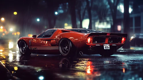 Midnight rain-runner muscle car glowing through wet neon.