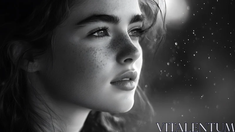 Young woman&rsquo;s freckled face lit in close black and white profile