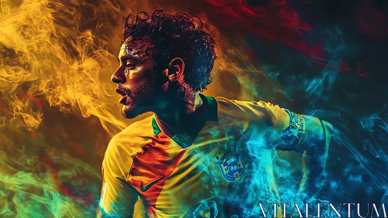 Dynamic soccer portrait erupts with fiery and electric smoke