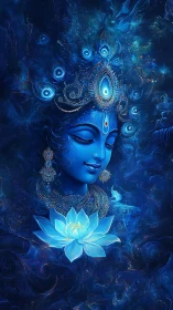 Blue divine female portrait with glowing lotus flower
