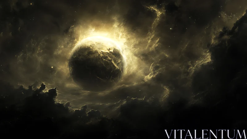 Dark planet engulfed in radiant cosmic storm clouds.