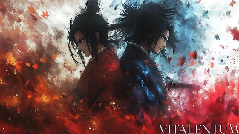 Dual samurai silhouettes divide fire-warm and ice-cool abstract fields