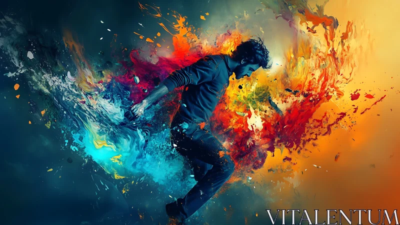 Dynamic dancer in mid-air within explosive color fields.