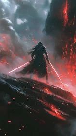 Lone warrior with twin blades in stormlit volcanic fire.