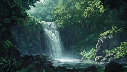 Cascading waterfall through dense forest with luminous water and verdant canopy