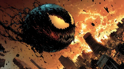 Sinister symbiote sphere over a burning twilight cityscape.