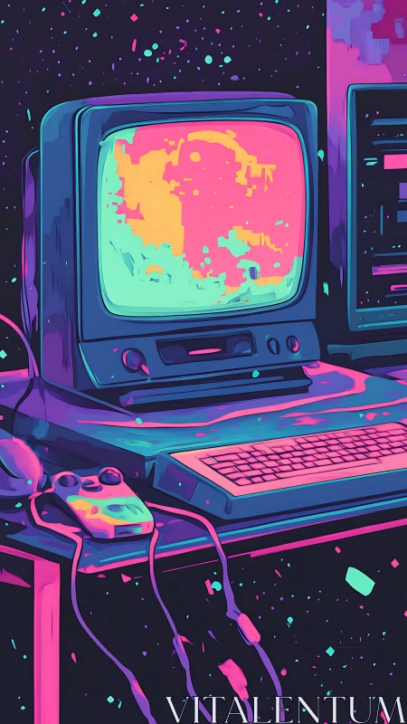 Retro computer workstation in neon cyberpunk palette.
