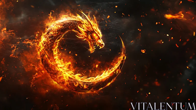 Flaming ouroboros dragon coils in blazing circular inferno.