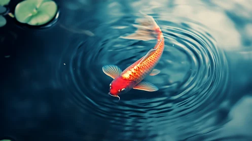 Solitary koi gliding through teal ripples in tranquil pond.