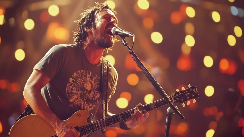 Gritty guitarist ignites golden bokeh storm onstage tonight.