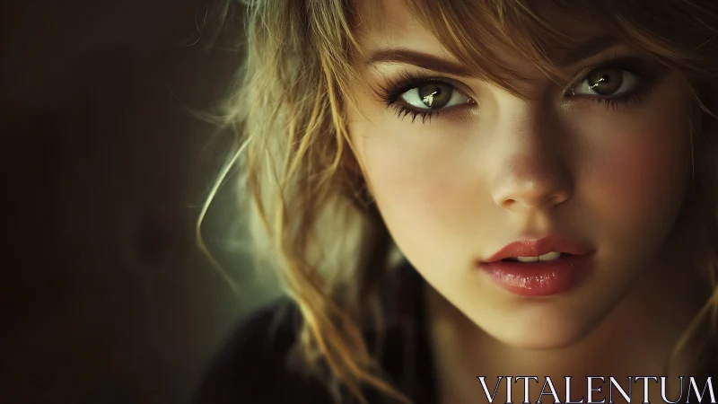 Soft-lit close portrait of young woman with hazel eyes.