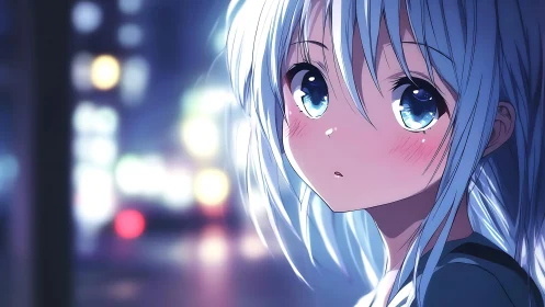 City lights cradle a silver-haired anime girl in quiet wonder.