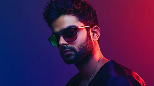 Neon rim-lit portrait of bearded man in sunglasses, dual gels