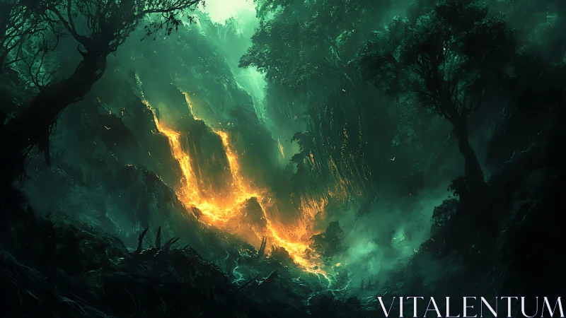 Mystical Forest Ravine with Luminous Golden Fire