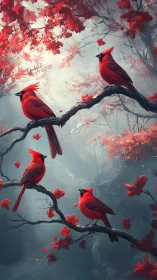 Crimson cardinals share a quiet moment in a misty red grove