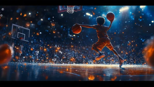 Young player soaring toward hoop on glowing court at night.