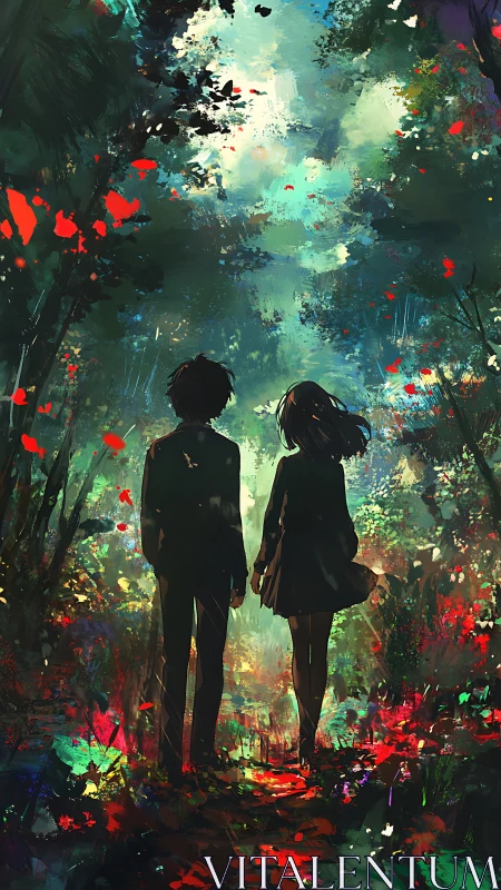 Digital painting of two figures in luminous abstract forestscape.