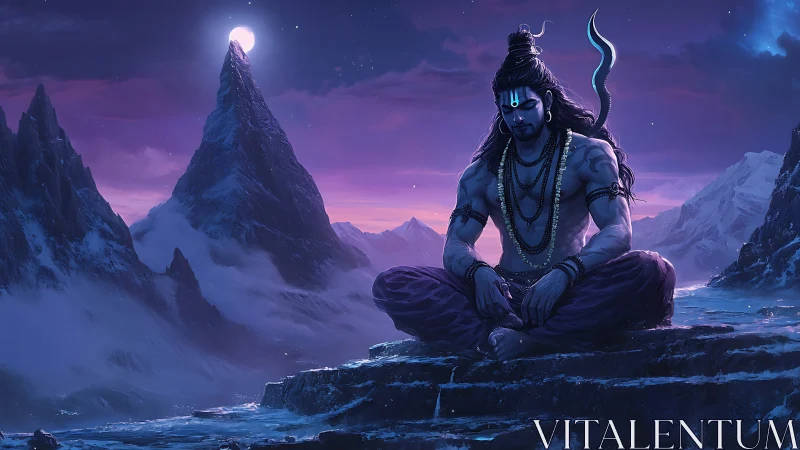 Meditative deity on icy Himalayan peaks at lunar dusk.