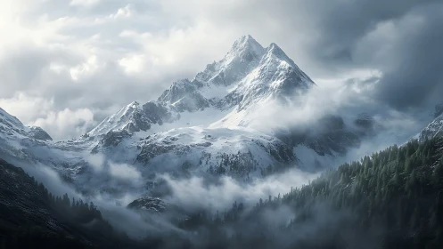Snowbound alpine peak emerging through swirling valley mists.