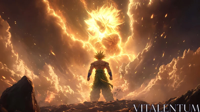 Mythic warrior confronting fiery celestial energy storm.