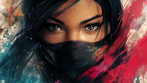 Masked warrior portrait with intense emerald eyes.