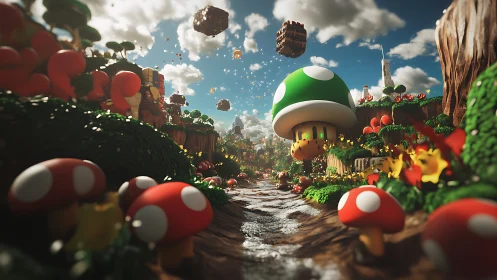 Rendered mushroom landscape depicts stylized game-inspired terrain