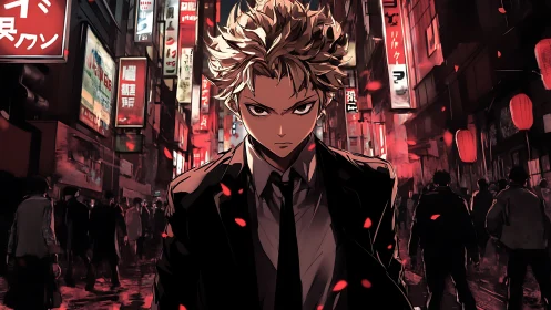 Urban neon vigilante in cinematic red-lit alleyway.