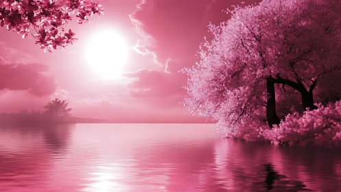 Monochrome magenta lakeside blossom panorama in digital art.
