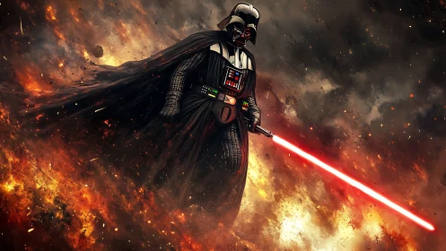 Armored figure with red energy sword stands amid firestorm