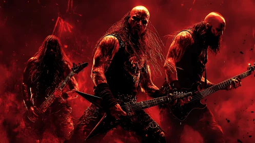 Metal band performance in infernal red atmospheric lighting.