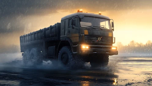 Storm-lit dump truck charging through rain-soaked roadway.
