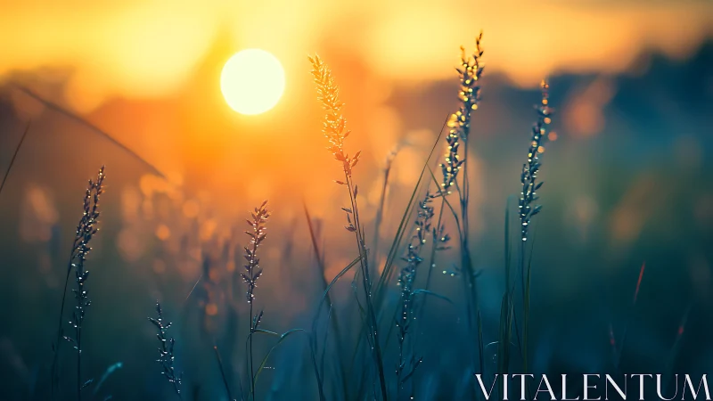 Dewlit meadow stalks serenade a melting sunrise glow.
