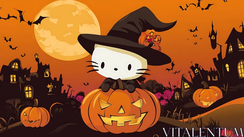 Hello Kitty in Witch Costume on Carved Pumpkin Halloween Scene.
