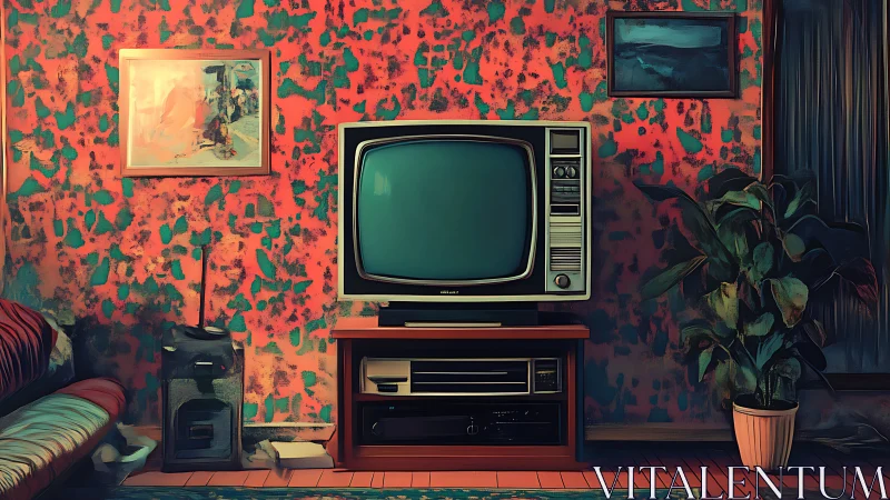 Retro CRT television in vivid patterned living room set.