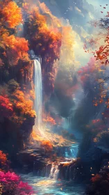 Tiered waterfall in forested canyon with autumn foliage.