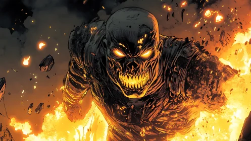 Fiery skeletal warrior storms forward through exploding flames