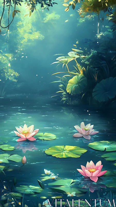 Sunlit forest pond holds blooming pink water lilies