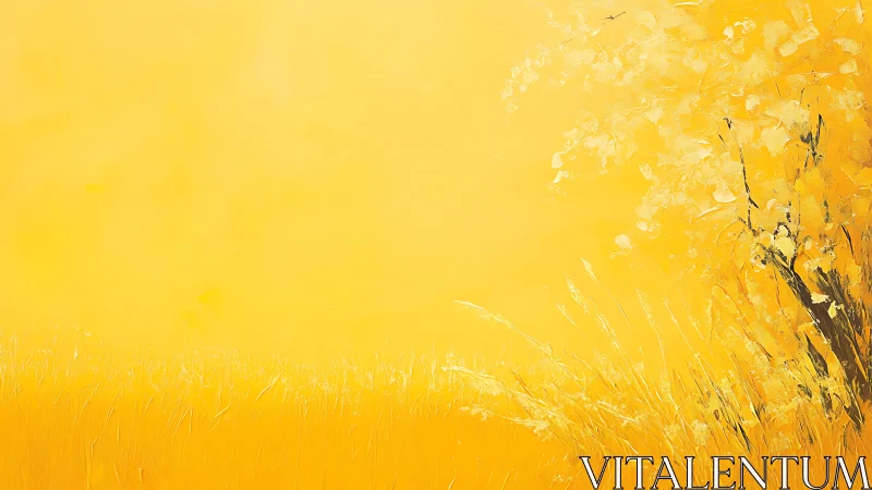 Golden meadow and abstract tree in luminous haze.