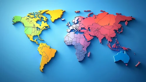Vibrant 3D world map with layered continents on blue wall.