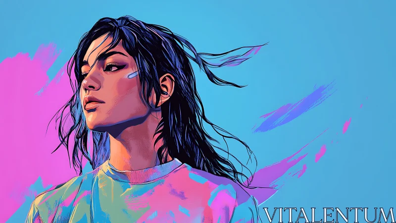 Confident young woman gazes ahead in bold neon brushstrokes