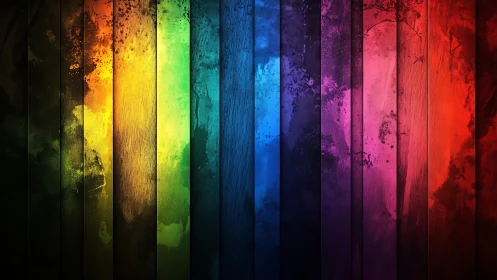 Vibrant rainbow planks glow with textured paint splashes