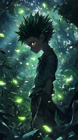Bioluminescent forest portrait with intense anime figure gaze