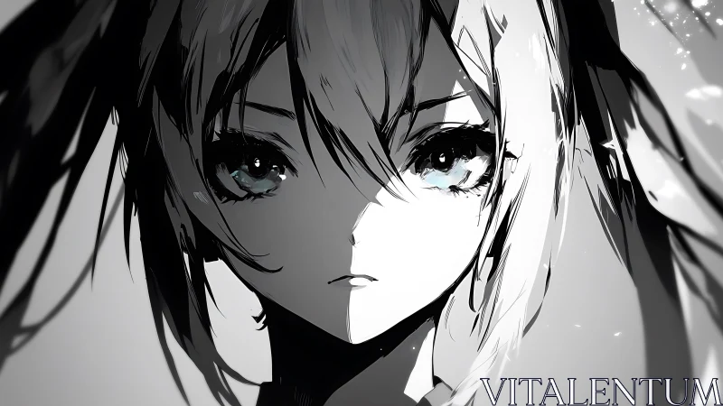 Monochrome anime portrait splits light and shadow perfectly.