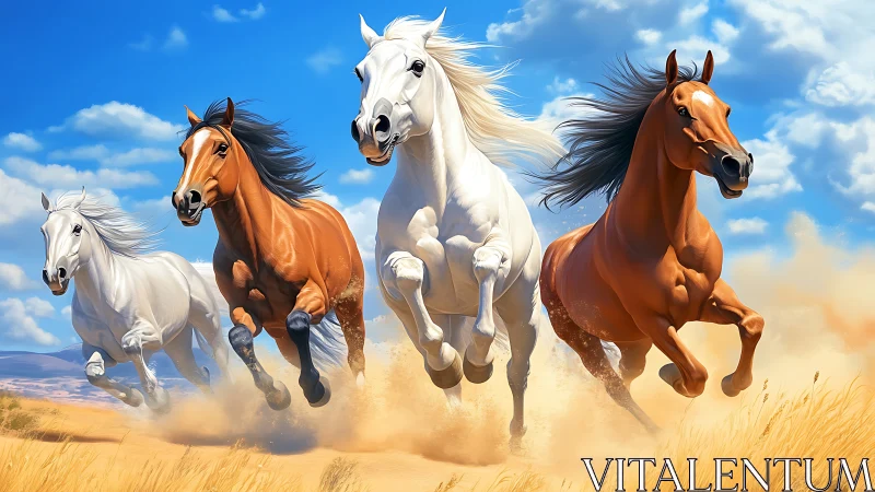 Galloping wild horses across sunlit prairie dust storm.