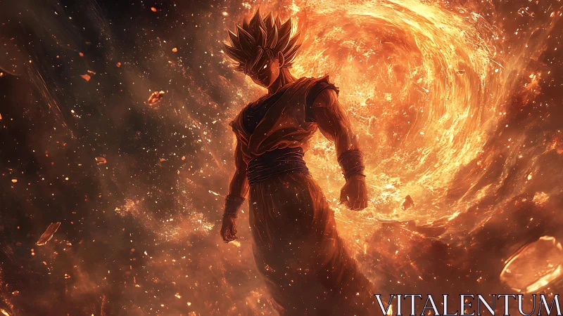 Silhouetted anime warrior stands before vortex of molten energy