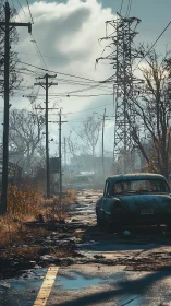 Abandoned sedan on cracked rural road under tangled powerlines