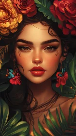 Portrait depicts stylized woman framed by flowers and foliage
