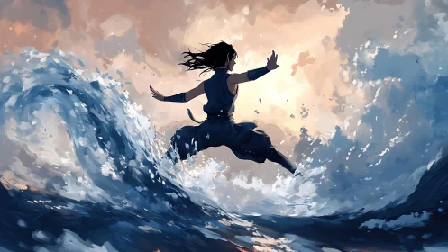 Dynamic digital painting of martial artist surfing ocean waves.