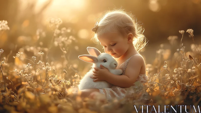 Backlit toddler hugs white rabbit in shallow-depth golden meadow