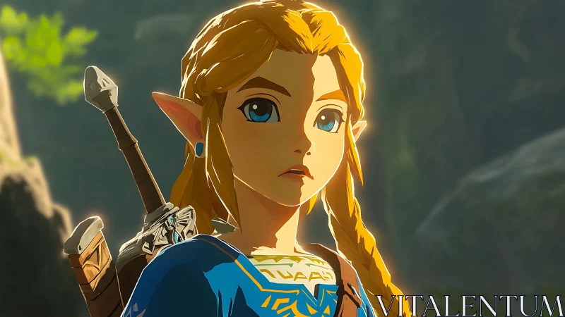 Heroic elf warrior in sunlit forest, cel-shaded profile.